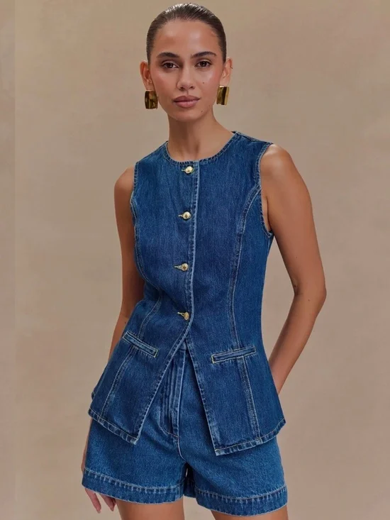 NWT Meshki Abel Denim Button Up Vest Top & Shorts Set XL - Picture 1 of 7